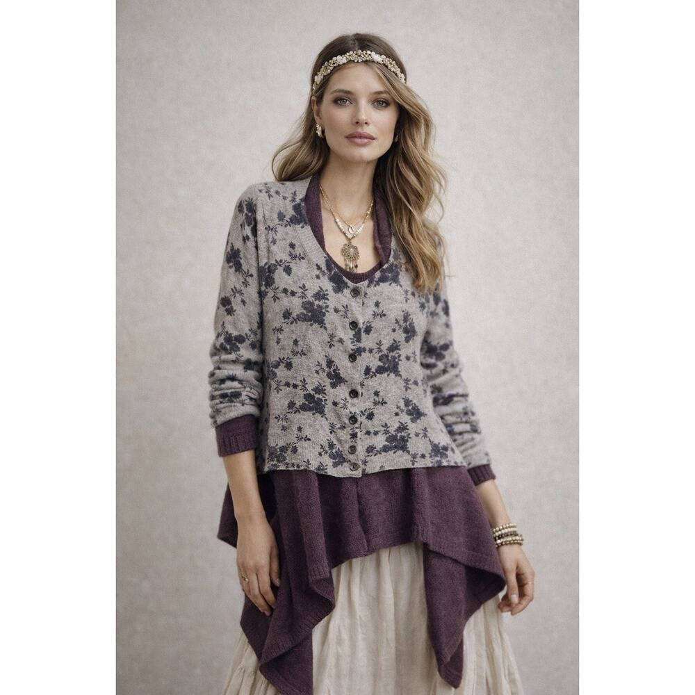 Sleeping on Snow Floral Button Cardigan Sweater M Wool Alpaca Blend Layer Knit